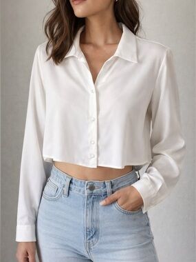 Zara Cropped White Blouse Long Sleeve Flowy Lightweight Chic Top Size M